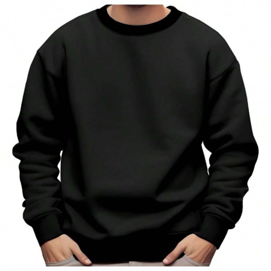 Men's Round Neck Sweatshirt Cold Weather Top Without Hood Unisex SWEATER - 黑色 - 查看 1