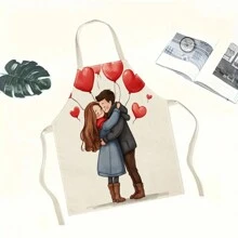 1pc Romance, Couple, Husband And Wife, Valentine's Day 3D Pattern Linen Apron For Home Cooking, Kitchen Wear, And Cooking Enthusiasts