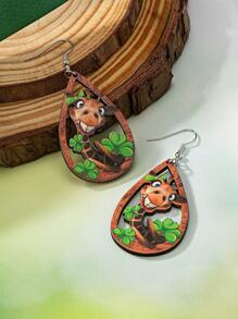 1 par de aretes de gotitas de madera verde, trébol de la suerte de San Patricio para mujeres - Multicolor - Ver 1