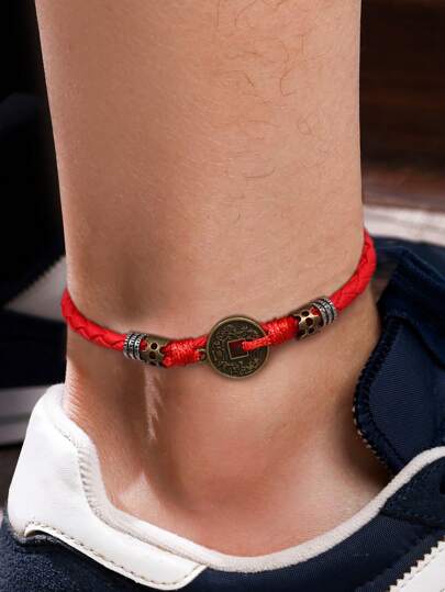 1pc Men's Fashionable Simple Woven PU Leather Red Coin Anklet