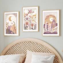 Set Of 3 Cute Boho Flower Moon Sun Wall Arts Canvas Prints, Rama Decor, Wildflower Girls Room Decor Posters, Butterfly Floral Wall Decor, Neutral Soft Mauve Wall Art, Ideal Gift For Living Room, Bedroom, Office, Hallway, Home And Room Decoration, Unframed Rama Gifts Birthday Graduation