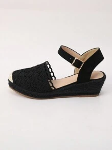 女士时尚休闲度假编织坡跟厚底凉鞋 - 黑色 - 查看 6