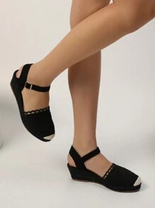 女士时尚休闲度假编织坡跟厚底凉鞋 - 黑色 - 查看 3