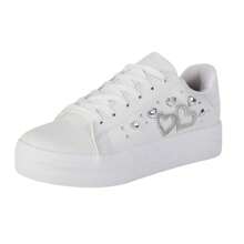 Tenis Casual Modelo 1390 Blancos de Plataforma Baja para Mujer, Diseño Cute con Corazones de Diamantes de Imitación - Blanco Plata - Ver 2