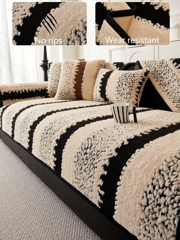 1 capa de sofá de pelúcia listrada emendada - antiderrapante, macia e quente, adequada para outono e inverno, adequada para animais de estimação, adequada para sofá de 1 a 4 lugares - decoração moderna para casa