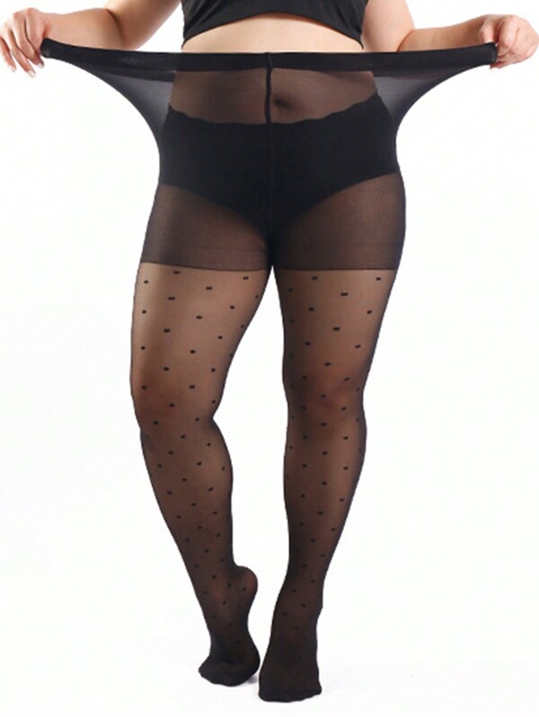 1 pieza Medias de seda de estampado jacquard de puntos talla extra, medias de seda negras de verano extra finas
