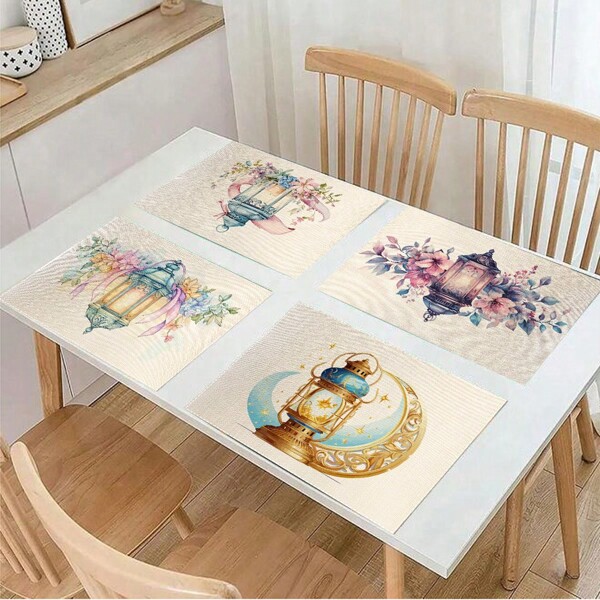 طقم بطانات الطاولة الرمضانية الكريم 6 قطع بطانات طاولة لا تنزلق مقاومة للحرارة وقابلة للغسيل لديكور المطبخ وتناول الطعام، حصيرة صينية 12 * 18 بوصة