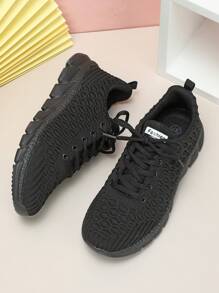 女士黑色运动鞋，时尚休闲系带运动跑步步行鞋，透气、柔软、舒适，适合上学、运动、通勤、礼物 - 黑色 - 查看 3