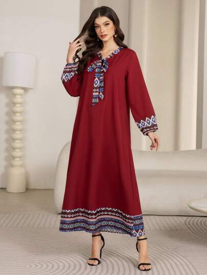 Women's Retro Print Colorblock Neckline, V-Neck Tie Lantern Sleeve Long Sleeve Dress, Retro Printed Patchwork Elastic Cuff Dress, Elegant Loose Long Dresses, Burgundy Dress