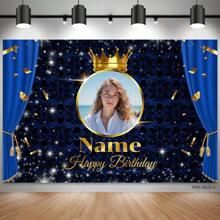 (Customized) Personalized Design With Photo And Name Blue Curtain Golden Crown Decoration Background Polyester Material Suitable For Wedding Anniversary, Anniversary, Birthday Party, Bar, First Photography Background Birthday Gifts Valentine's Day Gifts Mother's Day Graduation, Multi-Functional, Adjustable, Ornamental, Adorable, Modern, Comfortable, Custom, Personalized, Unique, Ideal Gifts For Her, Dad, Mom, Family, Friends, Son, Daughter, Office, Tea Room, School, Home, Home Refresh, Customized Party Backdrops - Multicolor - View 2