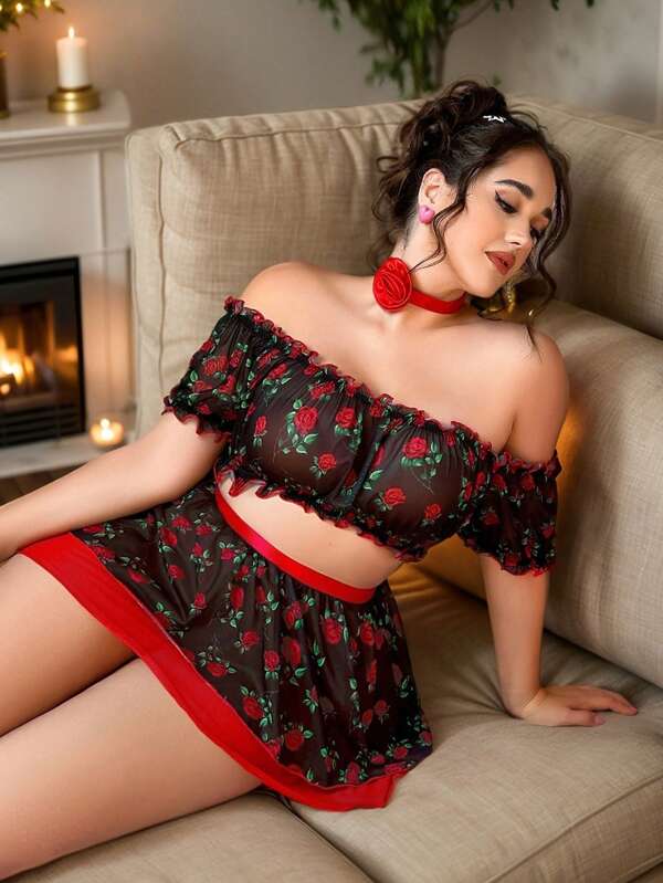 4pcs Sexy Wireless Women Plus Size Lingerie Set, Bra, Short Skirt, Thong & Neck Collar