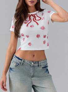 Women's Summer Fitted Crop Tops Short Sleeve Crewneck Solid Color/Pattern Print Cropped T-Shirt - 紅色 - 查看 6