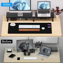 Large Dual Monitor Stand Riser Wooden Computer Desk Stand Metal Legs Desk Organizer Awer Underneath Storage Shelf For PC Printer TV Laptop Oak - OakWhite1 - View 3