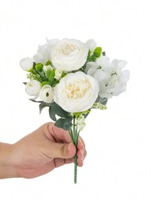 1pc Realistic Peony Silk Embroidered Flower Bouquet, Wedding Decor DIY Wreath Material, Bridal Bouquet, Wrist Corsage, Boutonniere, Headpiece Decor, Wedding Car Decor, Arch Decor, Home/Restaurant/Bedroom Vase Decor, Birthday Party Decor, Valentine's Day & New Year Gift, Graduation Gift - Pure White - View 3