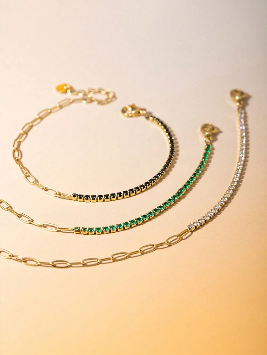 1pc Vintage Luxury 18K Gold Plated Stainless Steel Rhinestone Decor Chain Bracelet, Daily Wear & Wedding Gift For Women