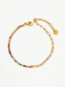 1pc Vintage Luxury 18K Gold Plated Stainless Steel Rhinestone Decor Chain Bracelet, Daily Wear & Wedding Gift For Women