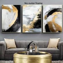 3pcs Black And Gold Abstract Canvas Wall Art Gold Foil Abstract Canvas Painting Black Gold Grey Abstract Wall Art For Home Decor Grey And Gold Artwork Black And White Grey Abstract Art 16x24inchx3 Inner Framed - 白色 - 查看 1