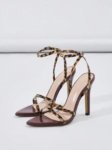 女士尖头系带交叉带豹纹高跟凉鞋，性感时尚派对棕色高跟鞋 - 棕色 - 查看 4