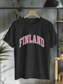 Finland T-Shirts & Tees Finland Varsity Style Pink Text T-Shirt Round Neck Short Sleeve T-Shirt Women's Men's Graphic Tee - Black - View 1