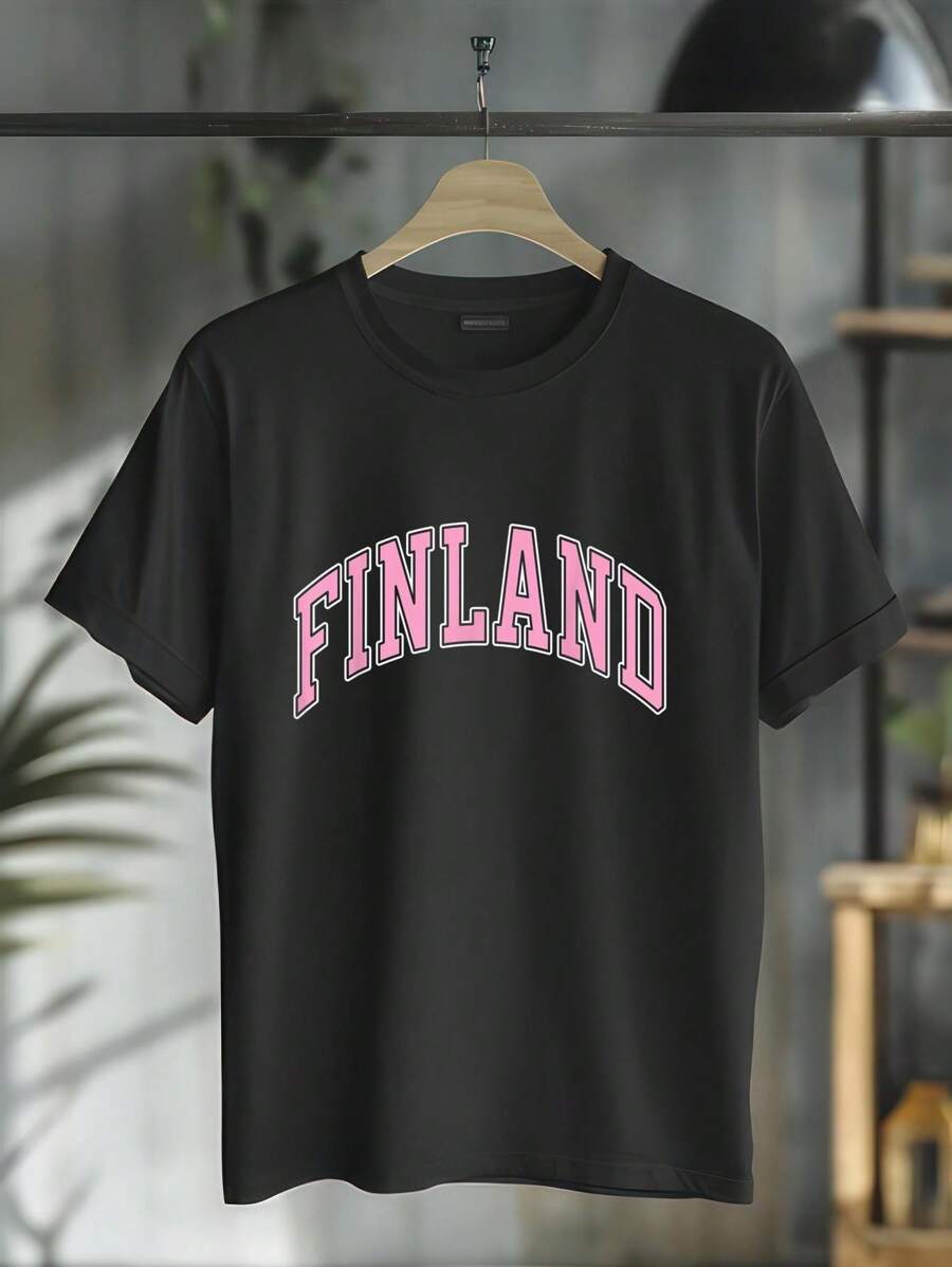 Finland T-Shirts & Tees Finland Varsity Style Pink Text T-Shirt Round Neck Short Sleeve T-Shirt Women's Men's Graphic Tee - Black - View 1