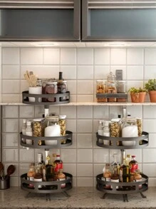 1pc 360 Degree Rotating Kitchen Storage Rack, Spice Jar Organizer Holder For Condiments, Oil, Salt, Sauce - Black - View 4