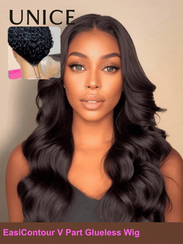 Unice Hair Body Wave Upgrade V Part Wig With Drawstring Flip Over Weft Magic V-Line Beginner Friendly Mininal Leave Out EasiContour V Part Glueless Natural Black UNice Wigs For Women