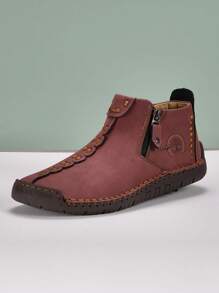 New Designer Men's Fashion Vintage Style Boots, Solid Color Versatile Handmade Casual Shoes With Side Zipper, Lightweight Soft Comfortable Shoes, Non-Slip Flat Shoes, Loafers, Low-Top Ankle Boots, Suitable For Outdoor, Spring/Summer/Autumn - Red - View 2