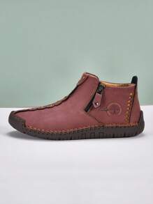 New Designer Men's Fashion Vintage Style Boots, Solid Color Versatile Handmade Casual Shoes With Side Zipper, Lightweight Soft Comfortable Shoes, Non-Slip Flat Shoes, Loafers, Low-Top Ankle Boots, Suitable For Outdoor, Spring/Summer/Autumn - Red - View 3