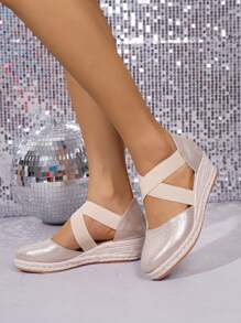 Women's Fashion Casual Vacation Straw Wedge Platform Sandals - Gold - View 3
