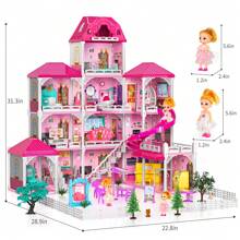 HENGPHY Pink Doll House Toys For Girls 3-8 Ages With 12 Rooms, Villa Girls Toys 2 Doll Figures, Slide, Pretend Play Accessories, Dly Educational Toy Playset, Ideal Gift For Ages 3+ Birthday Gifts - 粉色 - 查看 7
