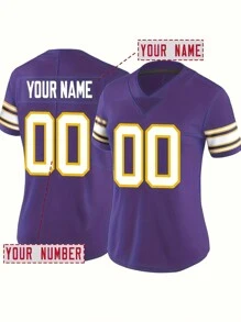 Customized Name And Number Women's Embroidered American Football Jersey Minnesota Purple V-Neck Personalized Short Sleeved Shirt Party Game Training Competition Sports Top DIY S-XXL - Purple - View 1