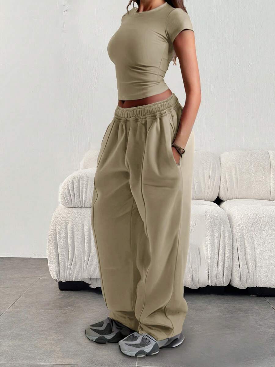 Women Loose Casual Solid Color Drawstring Waist Sweatpants With Pockets - 杏色 - 查看 1