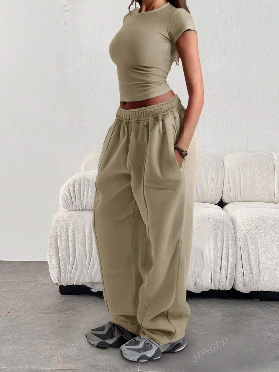 Pantalones de chándal holgados y casuales de unicolor con cordón y bolsillos para mujer