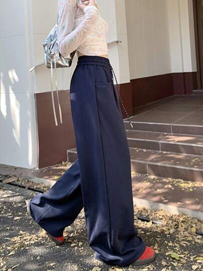 Women Elastic Waist Drawstring Casual Solid Color Sweatpants, Loose Wide Leg Trousers, Straight Leg Pants, Spring/Autumn 2025