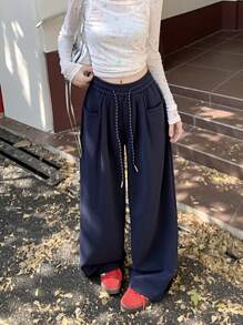 女款彈性腰抽繩休閒純色運動長褲，寬鬆寬腿直筒褲，2025 春秋款 - 寶藍色 - 查看 5