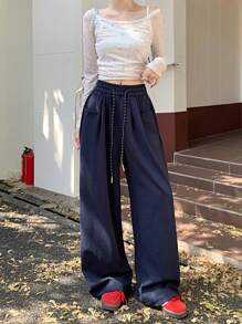 女款彈性腰抽繩休閒純色運動長褲，寬鬆寬腿直筒褲，2025 春秋款 - 寶藍色 - 查看 6