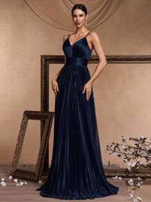 Women Hot Silver High Waist Pleated Cami Floor Length Party Dress, Suitable For Cocktail Party And Formal Events, Spring/Summer Wedding Guest Dress Evening Dress,Gown - 藏蓝色 - 查看 6