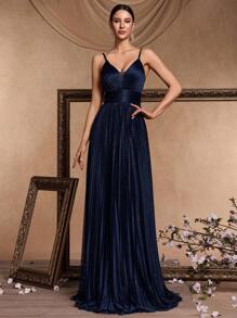 Women Hot Silver High Waist Pleated Cami Floor Length Party Dress, Suitable For Cocktail Party And Formal Events, Spring/Summer Wedding Guest Dress Evening Dress,Gown - 藏蓝色 - 查看 4