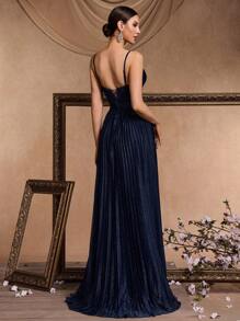 Women Hot Silver High Waist Pleated Cami Floor Length Party Dress, Suitable For Cocktail Party And Formal Events, Spring/Summer Wedding Guest Dress Evening Dress,Gown - 藏蓝色 - 查看 2