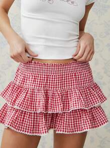 Women Y2k Plaid Ruffle Mini Skirt Flowy Layered Short Skirt Gingham A Line Skirt Cute Summer Streetwear - 紅色 - 查看 2