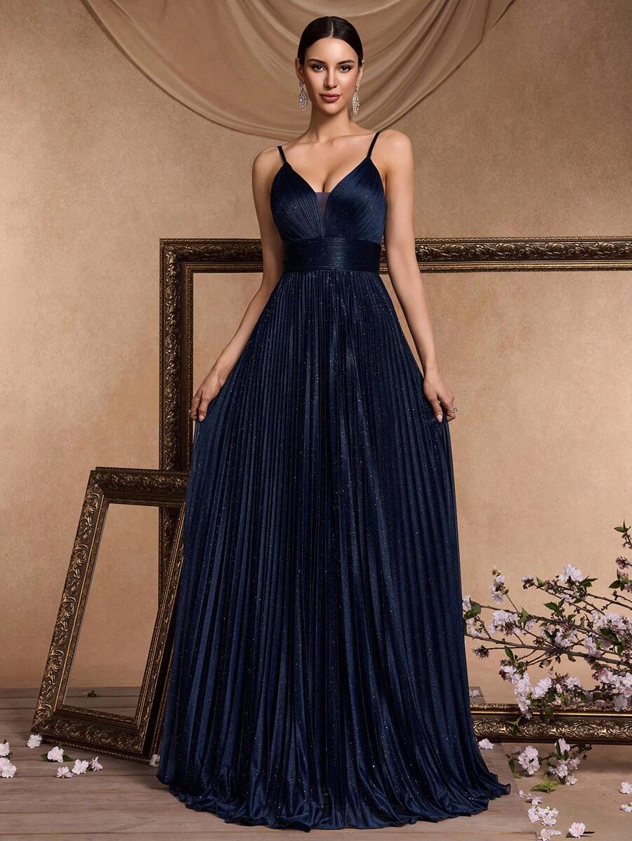 Women Hot Silver High Waist Pleated Cami Floor Length Party Dress, Suitable For Cocktail Party And Formal Events, Spring/Summer Wedding Guest Dress Evening Dress,Gown - 藏蓝色 - 查看 1