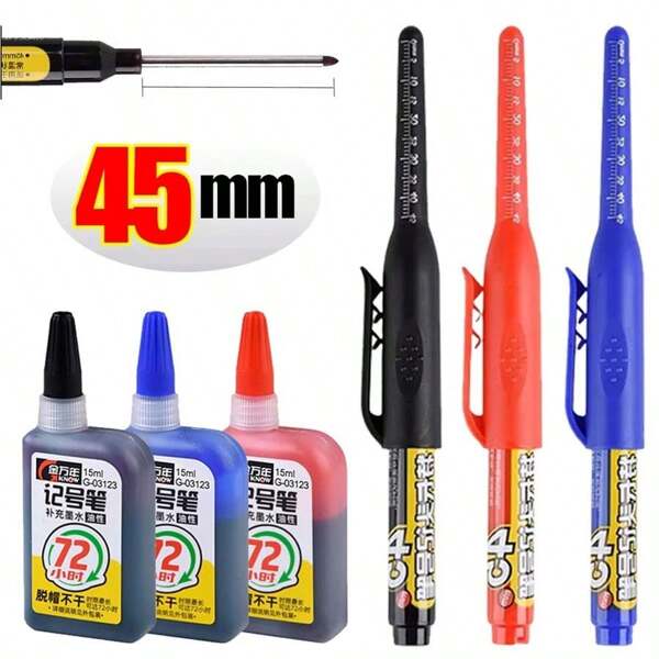 45mm Waterproof Deep Hole Marker Pens Long Nib Head Carpenter Pen Black/Blue/Red Ink For Multi-Purpose Woodworking Hand Tools Back To School