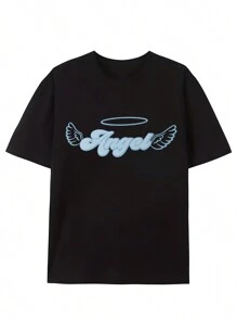 A Fashionable Short Sleeved Sports Men's Outdoor Exquisite Pattern Printed With Angel English Letter Pattern, Round Neck High Street Pure Cotton Short Sleeved T-Shirt, Pattern T-Shirt, Printed T-Shirt, High-End Pure Cotton T-Shirt