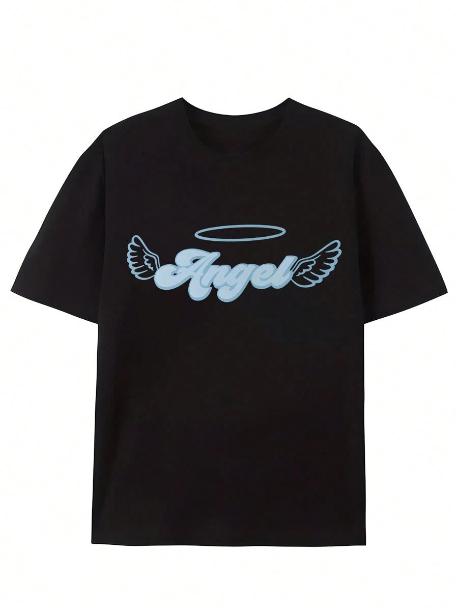 A Fashionable Short Sleeved Sports Men's Outdoor Exquisite Pattern Printed With Angel English Letter Pattern, Round Neck High Street Pure Cotton Short Sleeved T-Shirt, Pattern T-Shirt, Printed T-Shirt, High-End Pure Cotton T-Shirt
