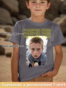 Customized Boys' Sports & Casual T-Shirt, Customize Photo, Idol/Cartoon/Friend/Family Print, Comfortable Outdoor Sports Tee, Holiday Gift, Best Friend Gift, Birthday Present, Surprise Gift, Group/Team Uniform, Back To School, Halloween, Kids Tops - Grey - View 1