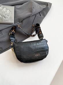 压纹纯色鳄鱼压纹链条装饰女士腰包、斜挎胸包、时尚 PU 单肩包 - 黑色 - 查看 10
