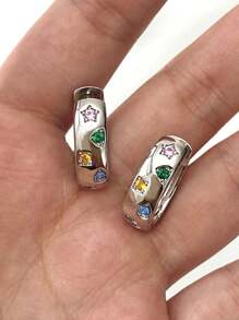 1 对时尚甜美风格彩色锆石星形耳钉，采用简约设计，适合女孩的日常佩戴和礼物，镀银铜耳环，独特酷炫的街头风格女士耳饰 - 銀色 - 查看 1