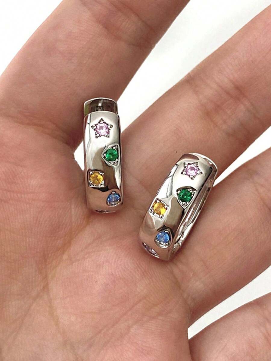 1 对时尚甜美风格彩色锆石星形耳钉，采用简约设计，适合女孩的日常佩戴和礼物，镀银铜耳环，独特酷炫的街头风格女士耳饰 - 銀色 - 查看 1