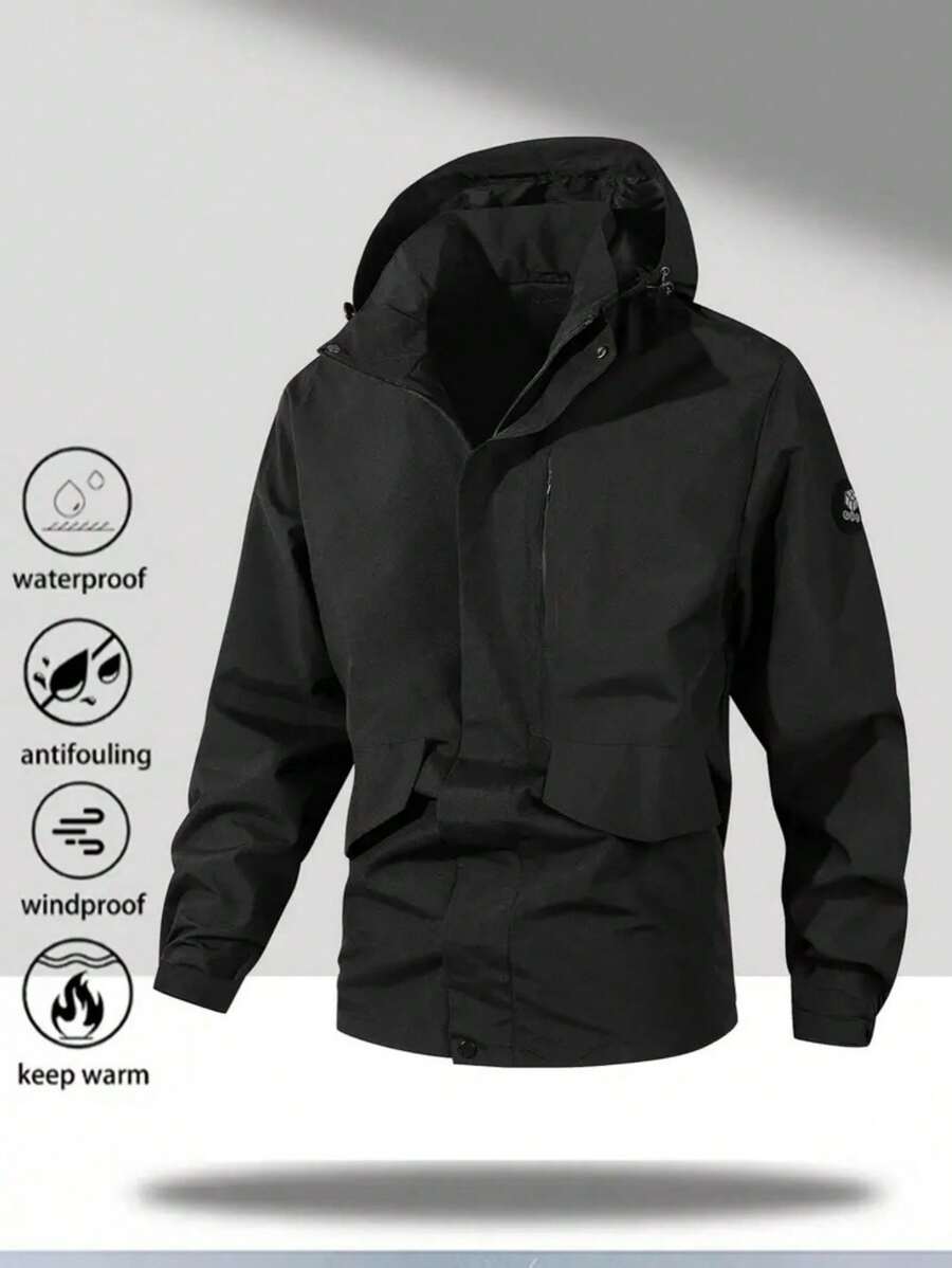 Men's Windproof And Waterproof Jacket, Casual And Breathable, With A Hood, Zipper, Long Sleeves And Pockets, Suitable For Hiking, Jogging, Cycling, Outdoor Fitness And Sports.