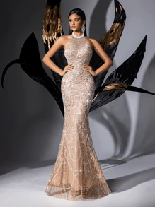 LUVISTRUE Temperament Goddess Sequins Upscale Evening Gown Women Party Formal Dress Graduation Outfit For Cocktail Party, Galas, Red Carpet, Birthday Party, Graduation Season Prom, Award Ceremony Hanging Neck Backless Mermaid Hem Long Dresses - Champagne - View 6